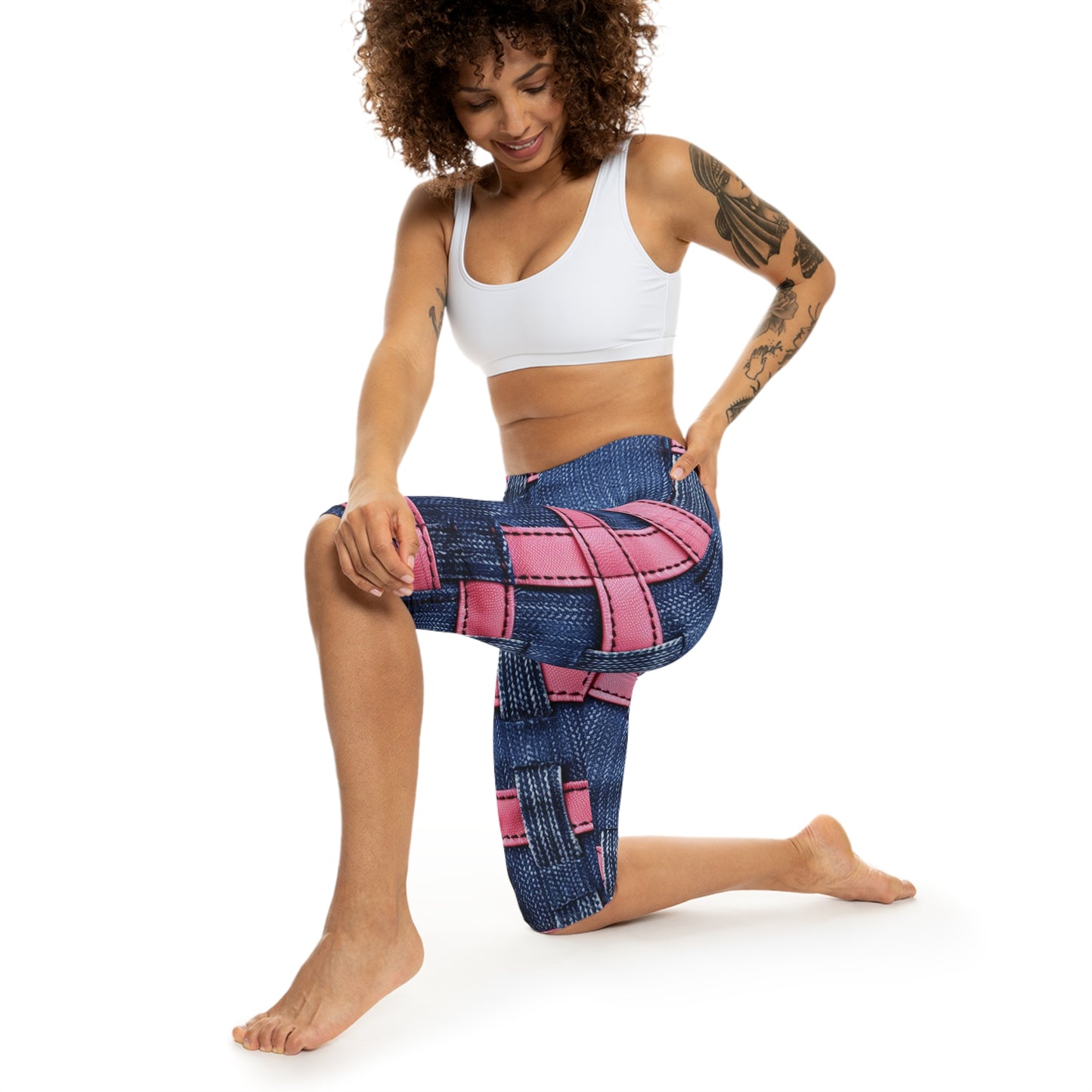 Candy-Striped Crossover: Pink Denim Ribbons Dancing on Blue Stage - Women’s Capri Leggings (AOP)