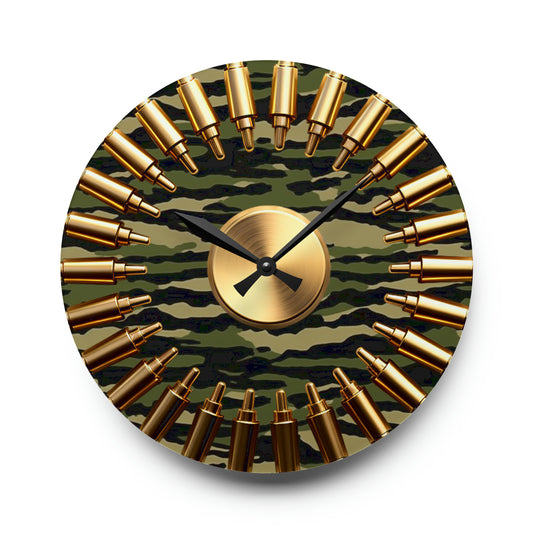 Camo Bullet Array Wall Clock - Military Inspired Acrylic Timepiece, Tactical Camouflage Decor, Soldier Memorial Clock