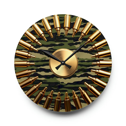 Reloj de pared Camo Bullet Array - Reloj acrílico de inspiración militar, decoración de camuflaje táctico, reloj conmemorativo del soldado 