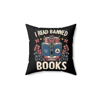 Owl Scholar Reading Among Stars and Florals - I Read Banned Books Themed Illustration - Spun Polyester Square Pillow