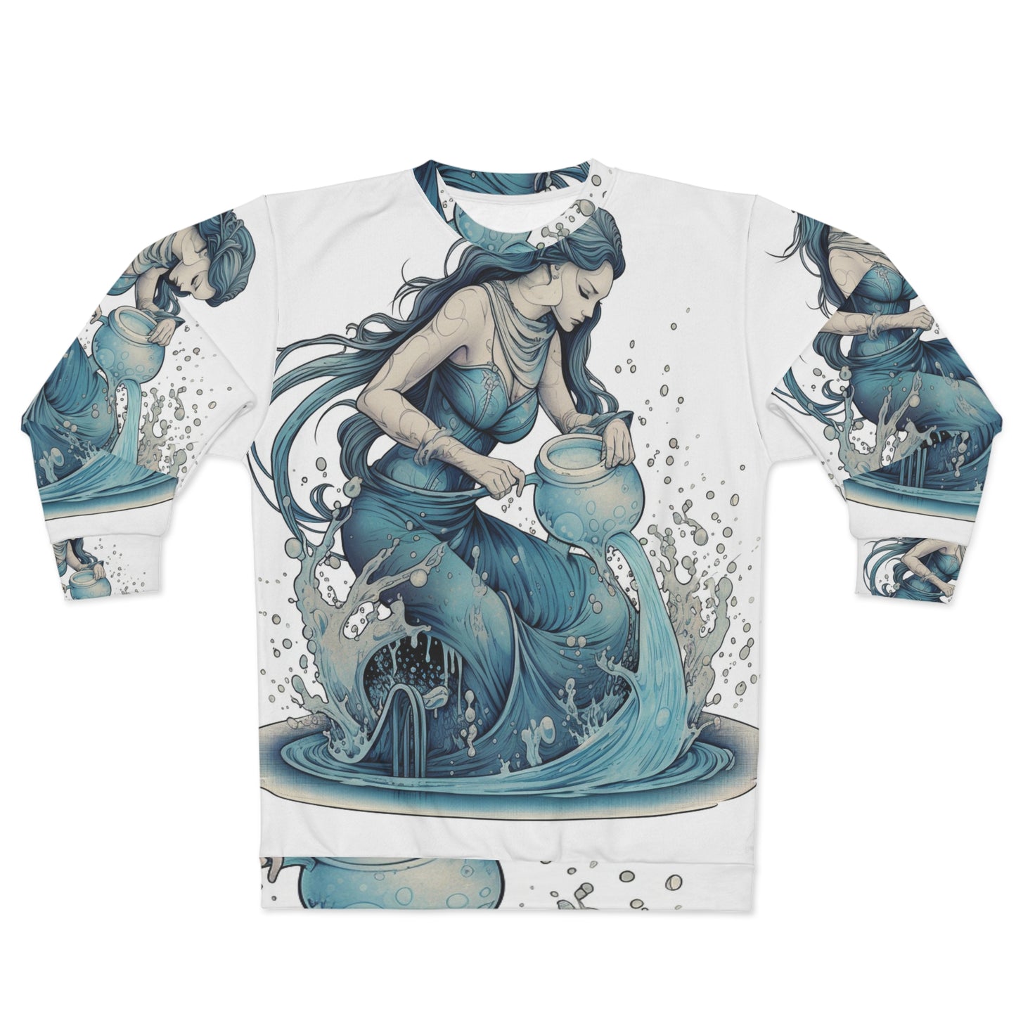 Aquarius Zodiac Symbol - Girl Pouring Water, Hand-Drawn Style - Unisex Sweatshirt (AOP)