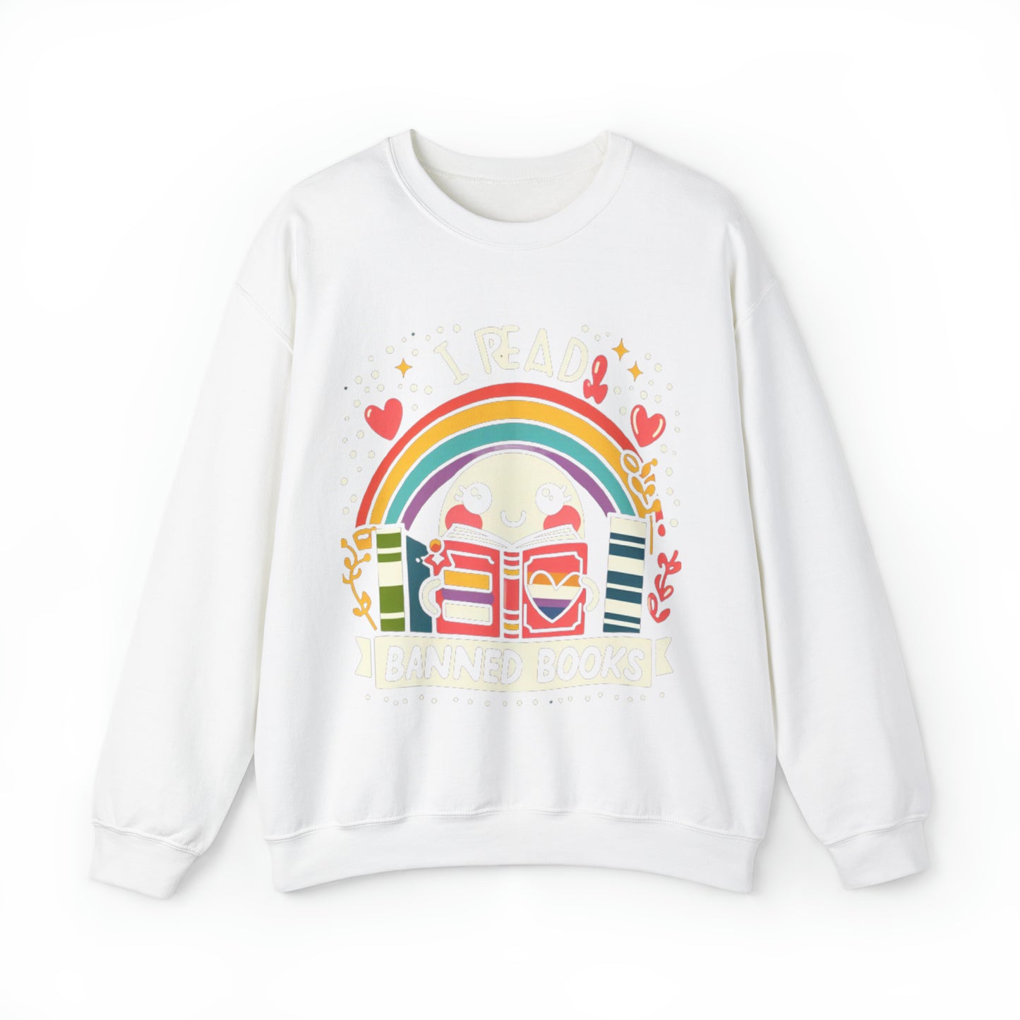 Leo libros prohibidos - Personaje alegre y arco iris - Sudadera unisex Heavy Blend™ Crewneck