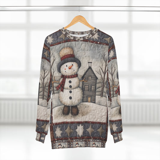 Christmas Cottagecore Snowman & Snowy House - Nostalgic Decor - Grandmillennial Festive Charm - Unisex Sweatshirt (AOP)