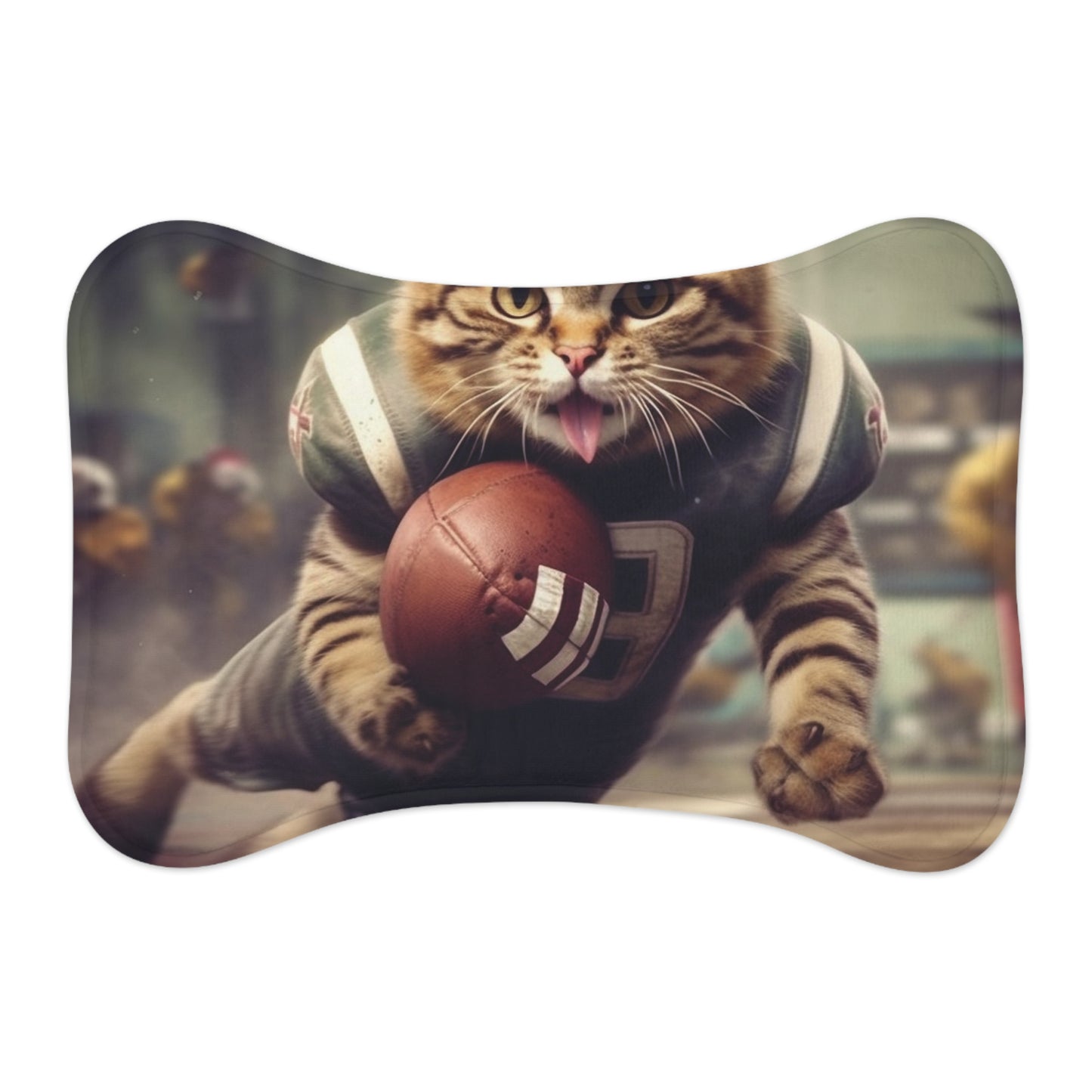 Football Field Felines: Kitty Cats in Sport Tackling Scoring Game Position - Pet Feeding Mats