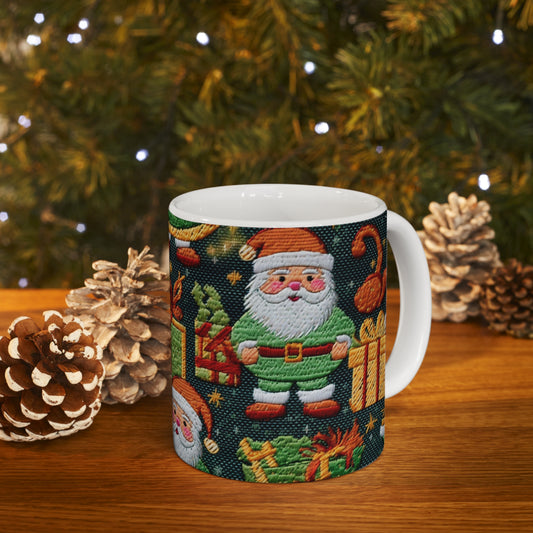 Christmas Santa Claus - Embroidered Presents - Festive Winter Wonderland - Deck the Halls Design - Ceramic Mug 11oz