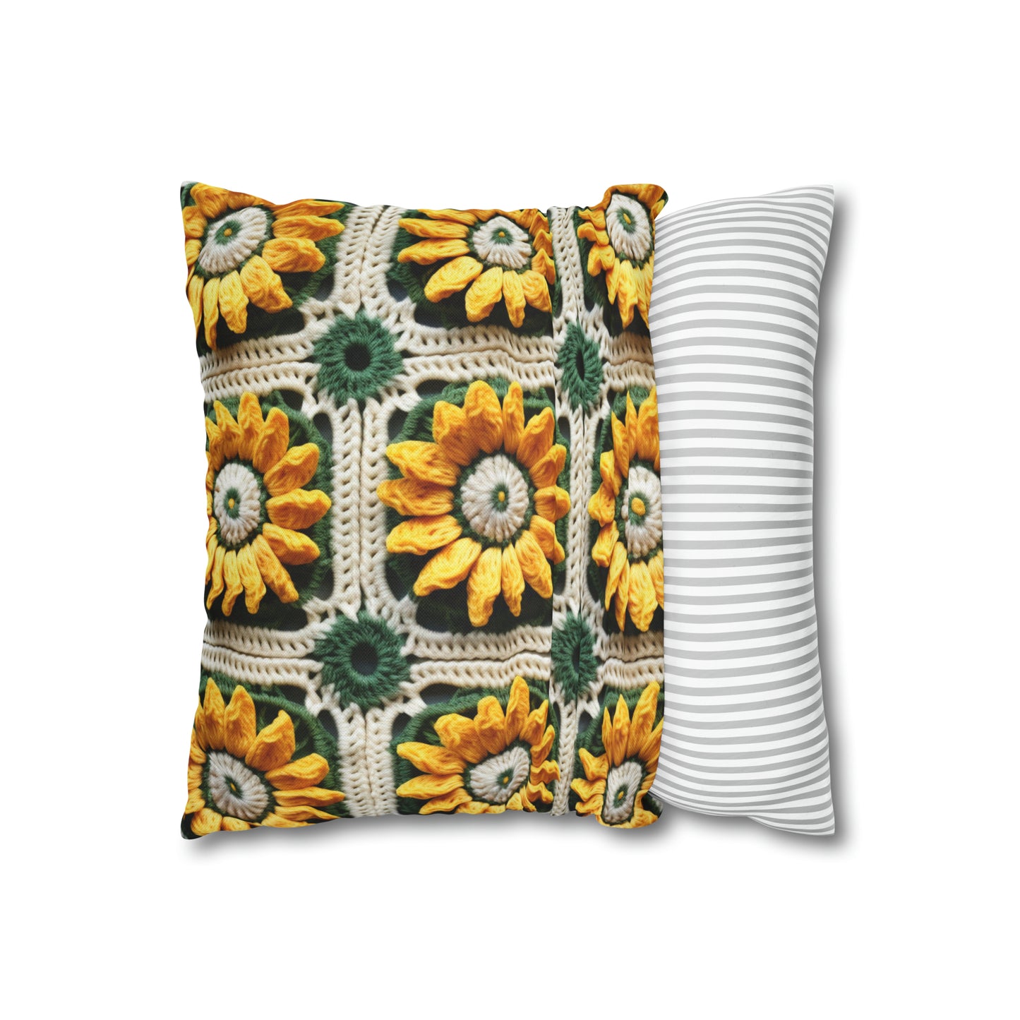 Sunflower Crochet Elegance, Granny Square Design, Radiant Floral Motif. Bring the Warmth of Sunflowers to Your Space - Spun Polyester Square Pillow Case