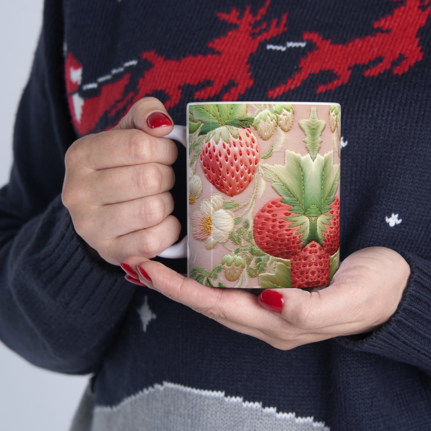 Red Berry Strawberries - Embroid Fruit - Healthy Crop Feast Food Design - Ceramic Mug 11oz