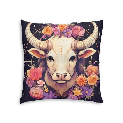 Taurus Zodiac Bull Flower Accents - 占星術のサイン - 房状フロアピロー、スクエア