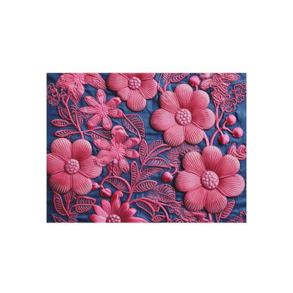 Denim Blue Doll Pink Floral Embroidery Style Fabric Flowers - Outdoor Rug