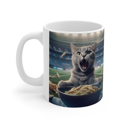 Halftime Football Feline: Screaming Sports Fan Cat Stadium Food Kitten - Ceramic Mug 11oz