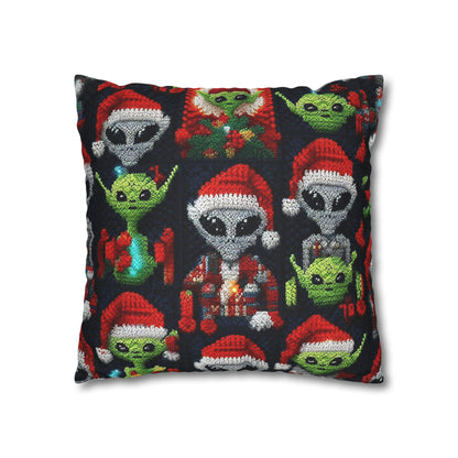 Festive Alien Invasion: Intergalactic Christmas Holiday Cheer with Santa Hats and Seasonal Gifts Crochet Pattern - Spun Polyester Square Pillow Case