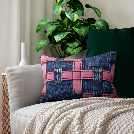 Candy-Striped Crossover: Pink Denim Ribbons Dancing on Blue Stage - Spun Polyester Lumbar Pillow