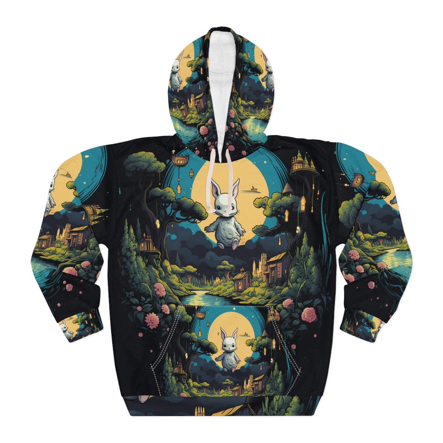 White Rabbit Mystery Psychedelic Fantasy Anime Cartoon Bunny - Unisex Pullover Hoodie (AOP)