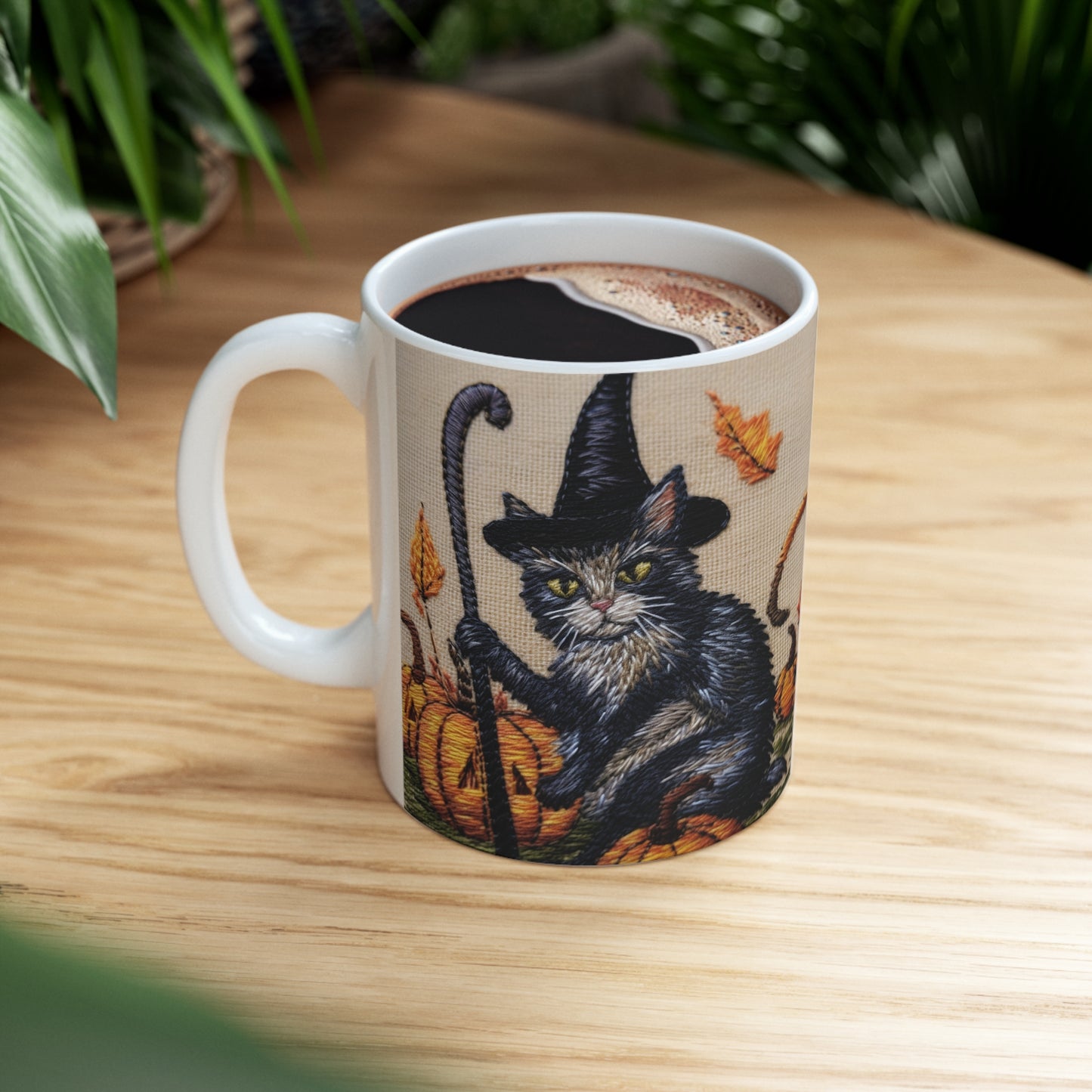 Halloween Cat Magic: Embroidered Style Feline with Pumpkins & Witch Hat - Ceramic Mug 11oz