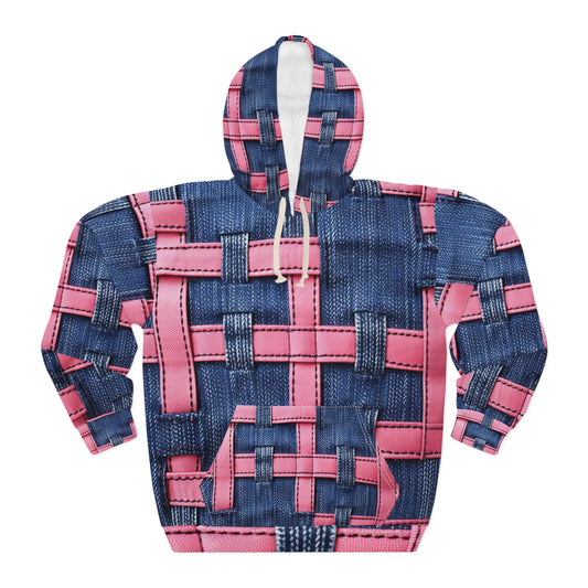 Candy-Striped Crossover: Pink Denim Ribbons Dancing on Blue Stage - Unisex Pullover Hoodie (AOP)