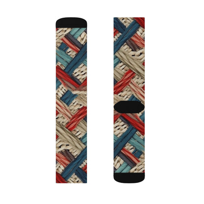 Colorful Yarn Knot: Denim-Inspired Fabric in Red, White, Light Blue - Sublimation Socks