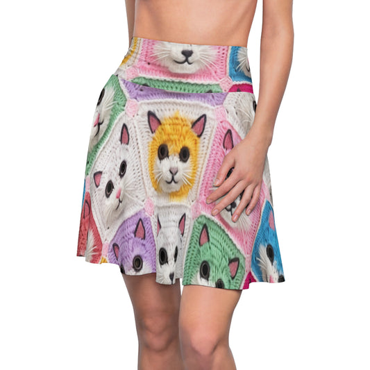 Crochet Cat, Summer Cotton, Feline, Retro Cat Cardigan, Kitten Crochet Cotton Creation - Women's Skater Skirt (AOP)