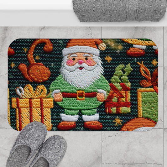 Christmas Santa Claus - Embroidered Presents - Festive Winter Wonderland - Deck the Halls Design - Bath Mat