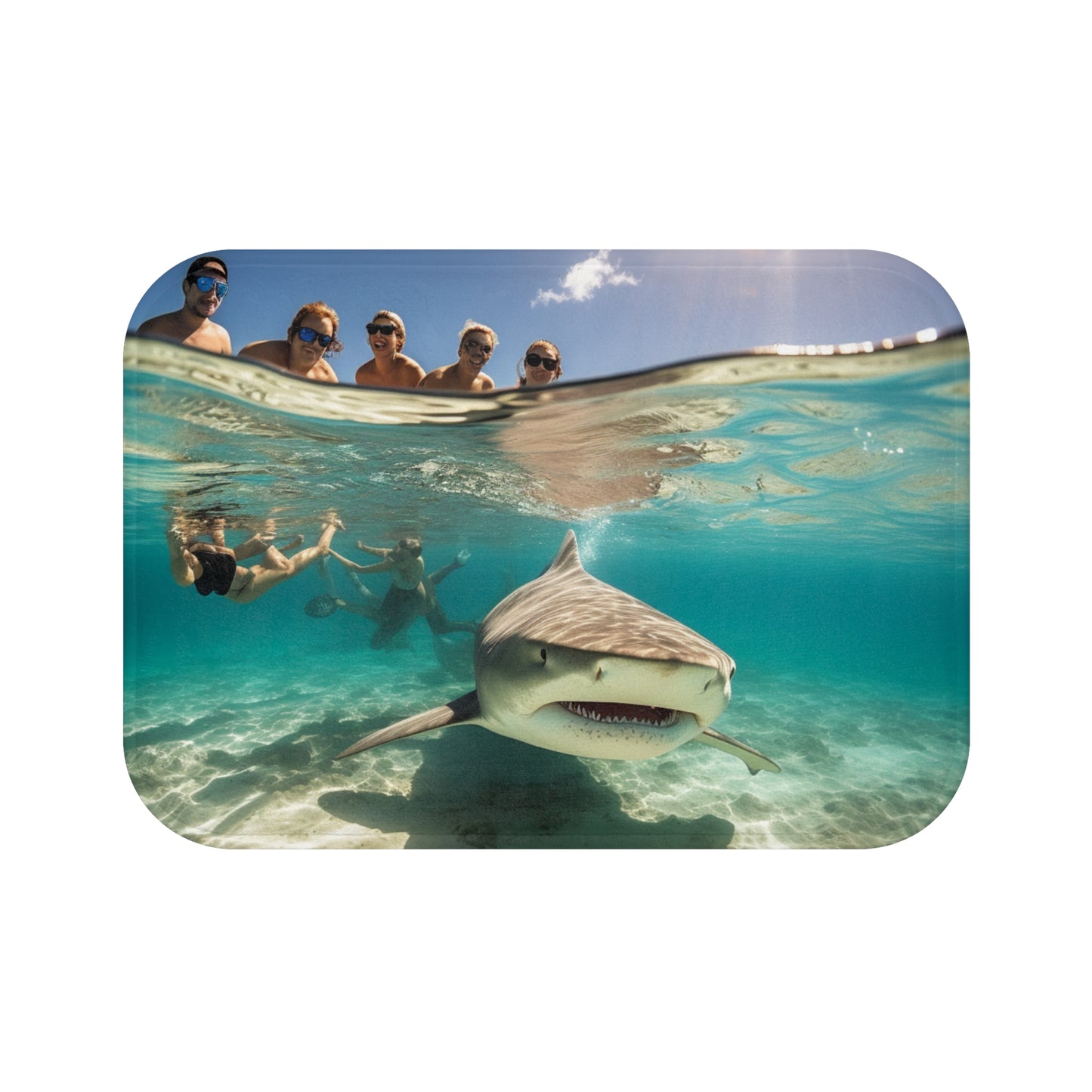 Peaceful Bull Shark with Swimmers: Ocean Scene - Perfect for Sea Lovers - Bath Mat