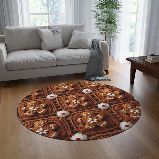 Gingerbread Man Crochet, Classic Christmas Cookie Design, Festive Yuletide Craft. Holiday Decor - Round Rug