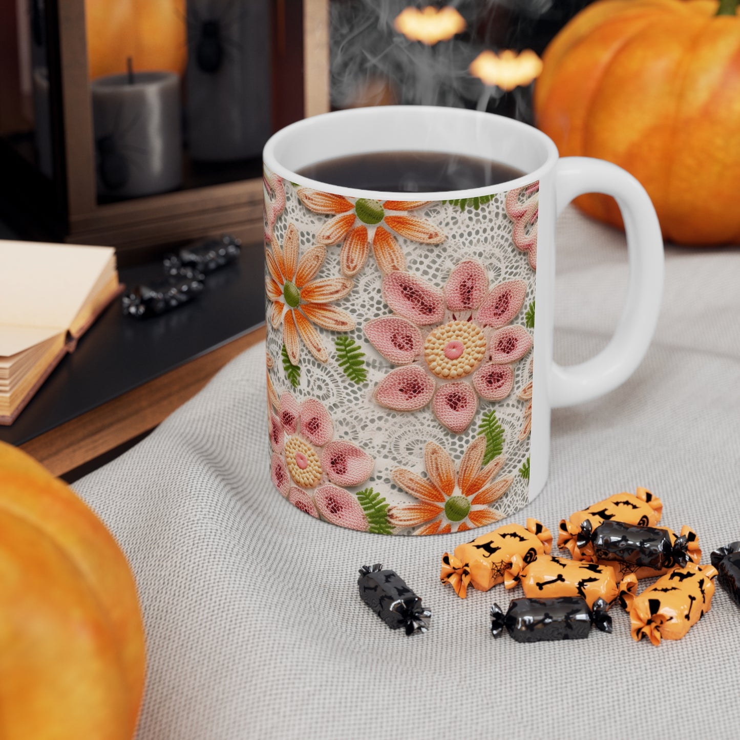 Floral Embroidered Eyelet: Delicate Flower Elegant Pattern - Ceramic Mug 11oz