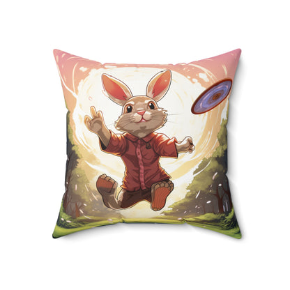 Disc Golf Rabbit: Bunny Aiming Frisbee for Basket Chain - Spun Polyester Square Pillow