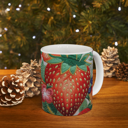 Berry Delight: Sun-Kissed Strawberries Fields Meet Embroidered Style Strawberry Patterns - Ceramic Mug 11oz