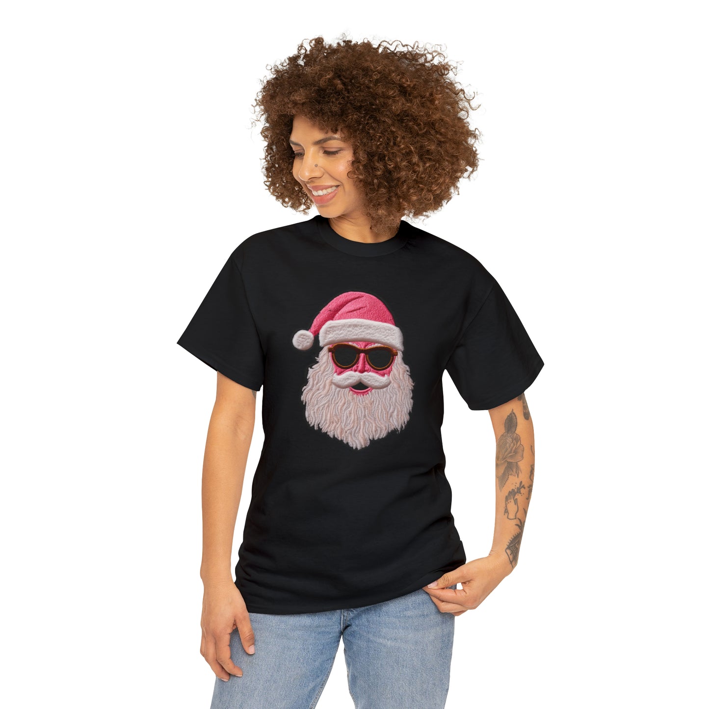 Cool Santa Patch, Pink Christmas Design, Trendy Holiday Emblem - Unisex Heavy Cotton Tee