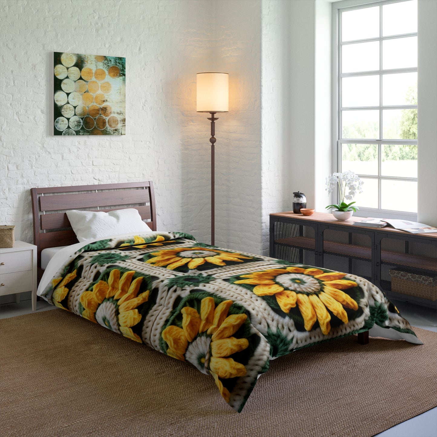 Sunflower Crochet Elegance, Granny Square Design, Radiant Floral Motif. Bring the Warmth of Sunflowers to Your Space - Bed Comforter