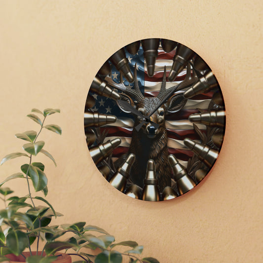 American Flag Deer Acrylic Wall Clock - Hunters Gift - Patriotic Wildlife Design, Rustic Home Decor, Unique Wall Timepiece