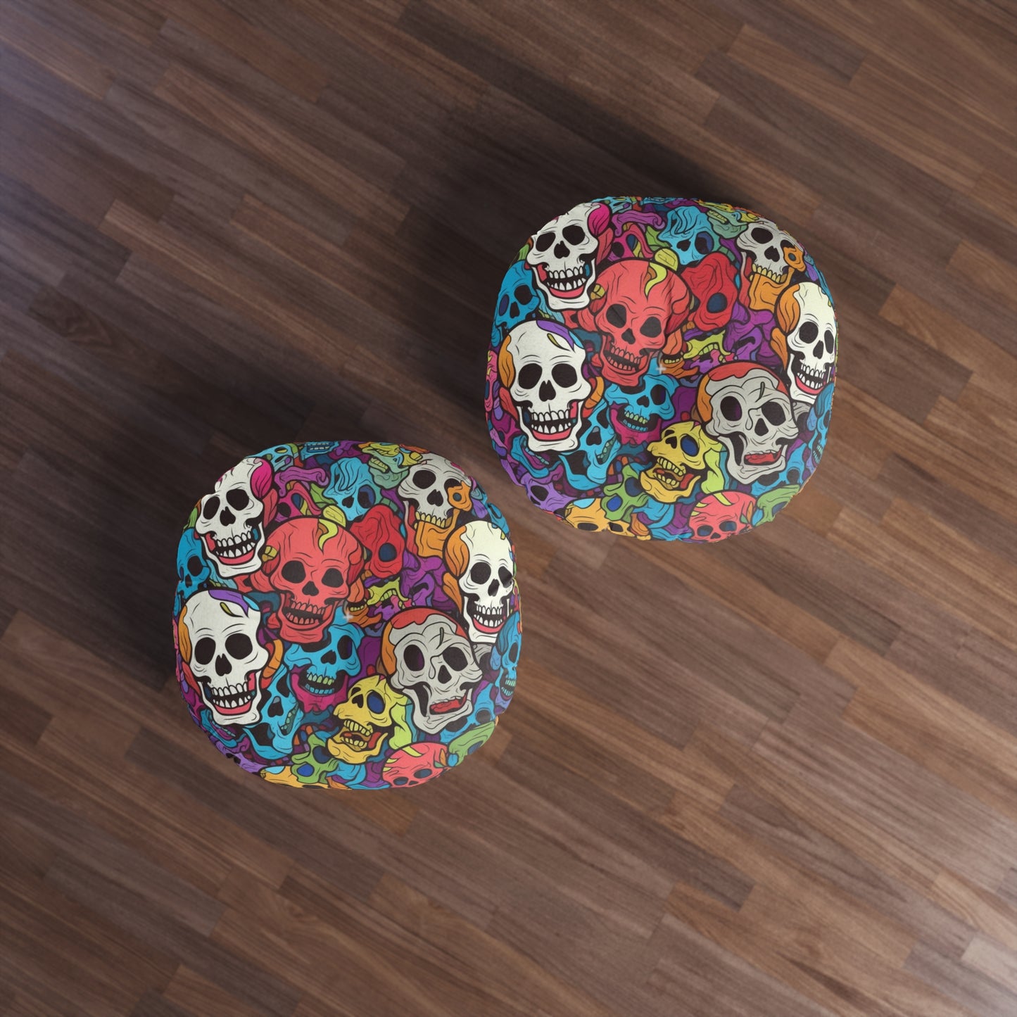 Psychedelic Rainbow Skull Head Pattern, Vibrant Colors - Tufted Floor Pillow, Round