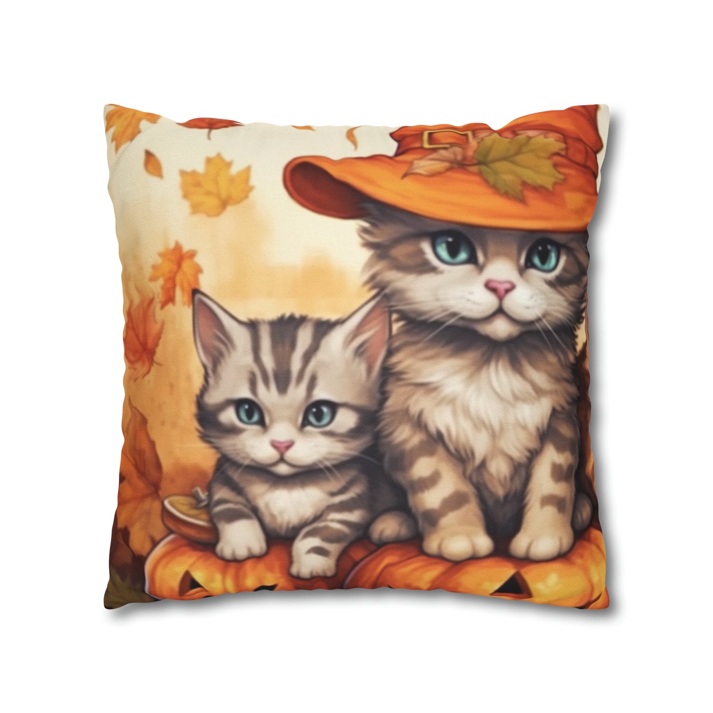 Kitty Cat Kittens Halloween - Cute Furries on Pumpkin - Festive Feline Decor - Spun Polyester Square Pillow Case