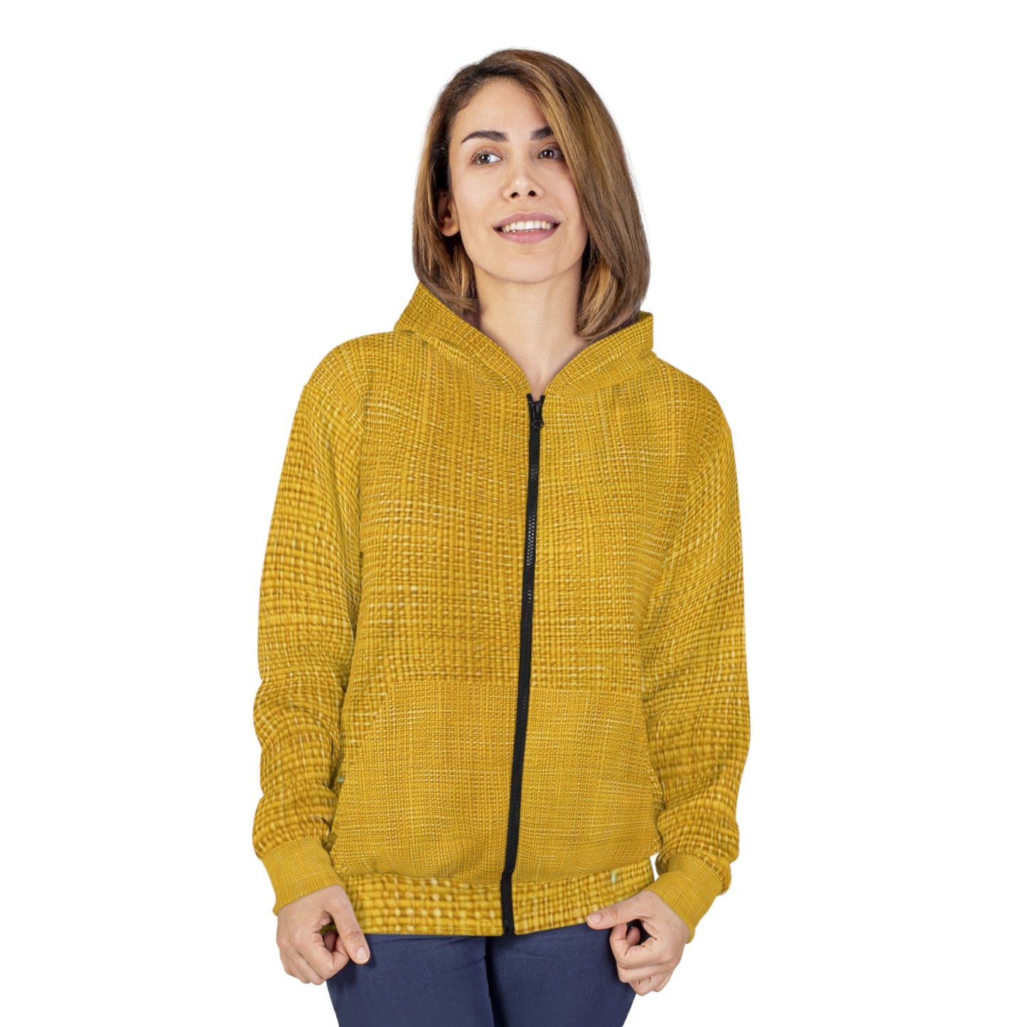 Radiant Sunny Yellow: tela de verano inspirada en la mezclilla - Sudadera con capucha y cremallera unisex (AOP) 