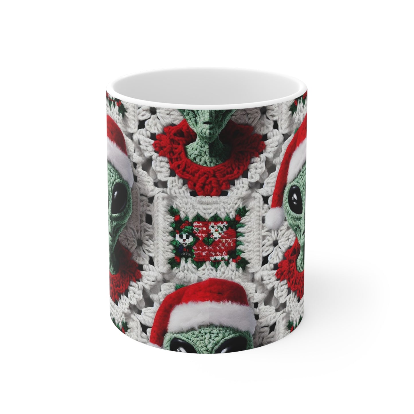 Santa's Cosmic Secret: Jolly Green Christmas Extraterrestrial with Festive Attire Crochet Art - Ceramic Mug 11oz