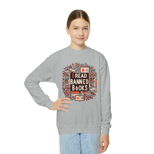 I Read Banned Books - Timeless Floral Bookshelf Illustration - Youth Crewneck Sweatshirt