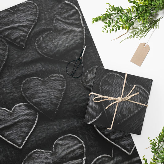 Black: Distressed Denim-Inspired Fabric Heart Embroidery Design - Wrapping Paper