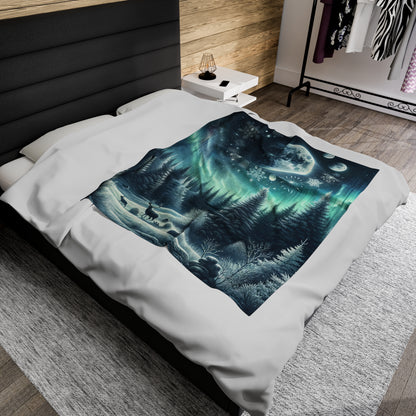 Enchanted Solstice Night: Mystical Winter Scene with Northern Lights and Wildlife - Velveteen Plush Blanket