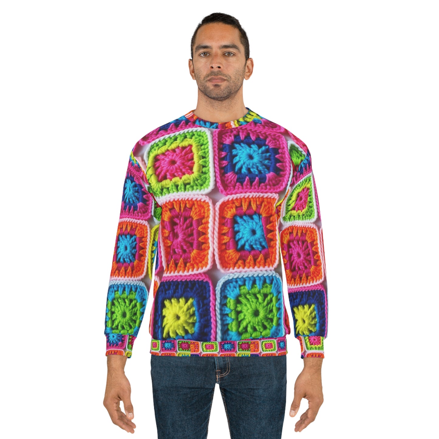 Crochet Granny Square, Summer Cotton, Patchwork, Retro Floral Design, Crochet Cotton - Unisex Sweatshirt (AOP)