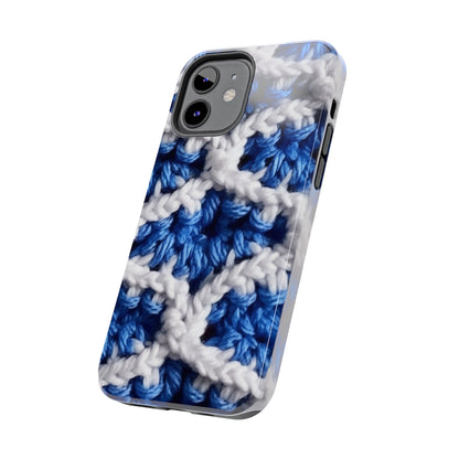 Blueberry Blue Crochet, White Accents, Classic Textured Pattern - Tough Phone Cases