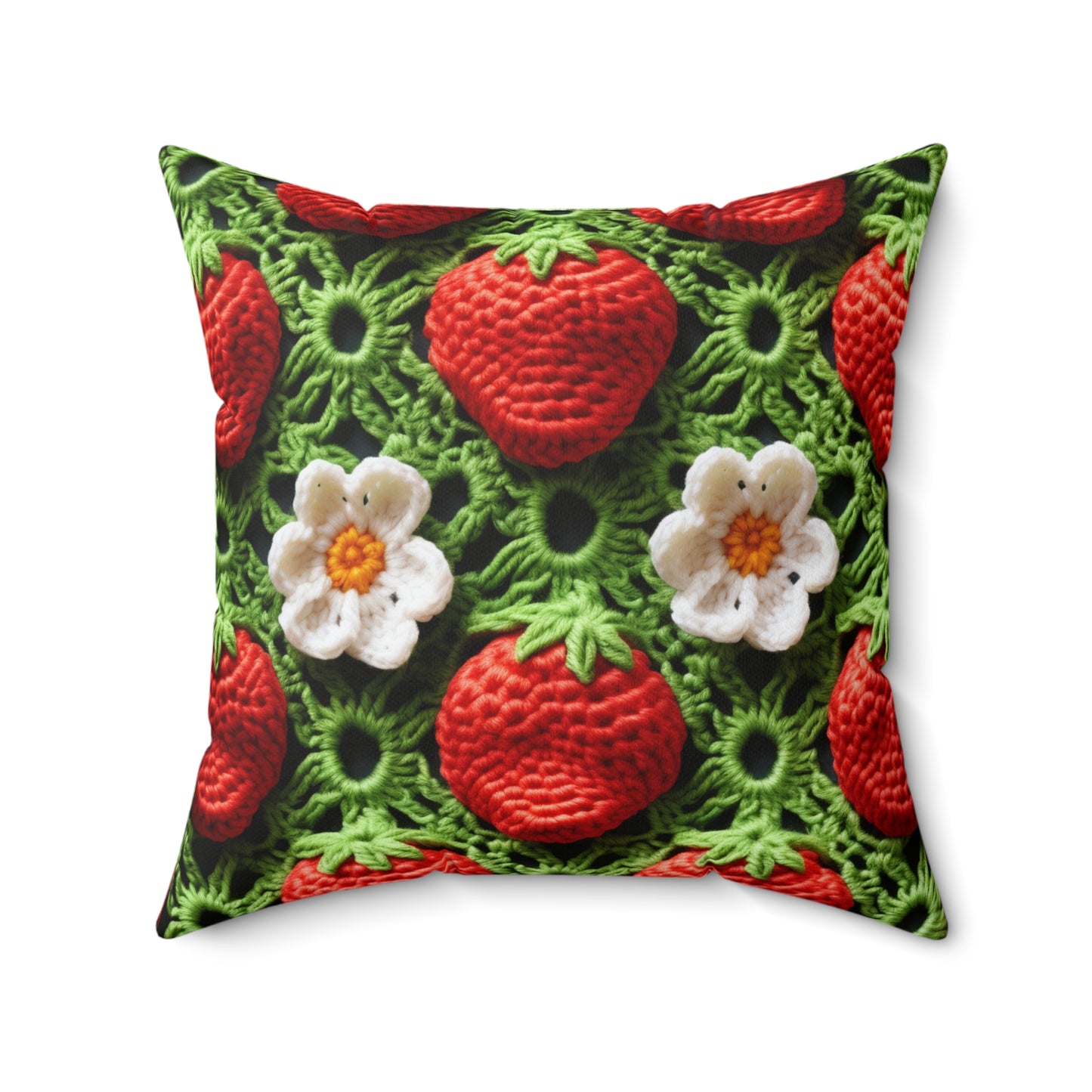 Strawberry Field Crochet - Forever Forest Greens - Fruit Berry Harvest Crop - Spun Polyester Square Pillow