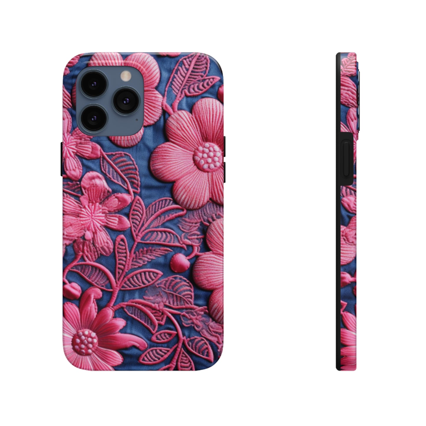 Denim Blue Doll Pink Floral Embroidery Style Fabric Flowers - Tough Phone Cases
