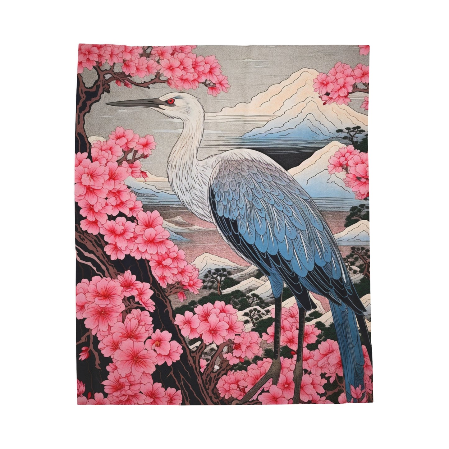 Sakura Blossoms Majestic Crane - Japanese, Birthday Gift for Dad, Traditional Indigo & Mount Fuji - Velveteen Plush Blanket