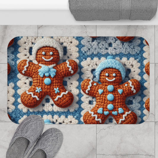 Winter Cheer: Charming Crocheted Gingerbread Christmas Friends Adorned with Snowy Hats and Sweet Smiles - Bath Mat