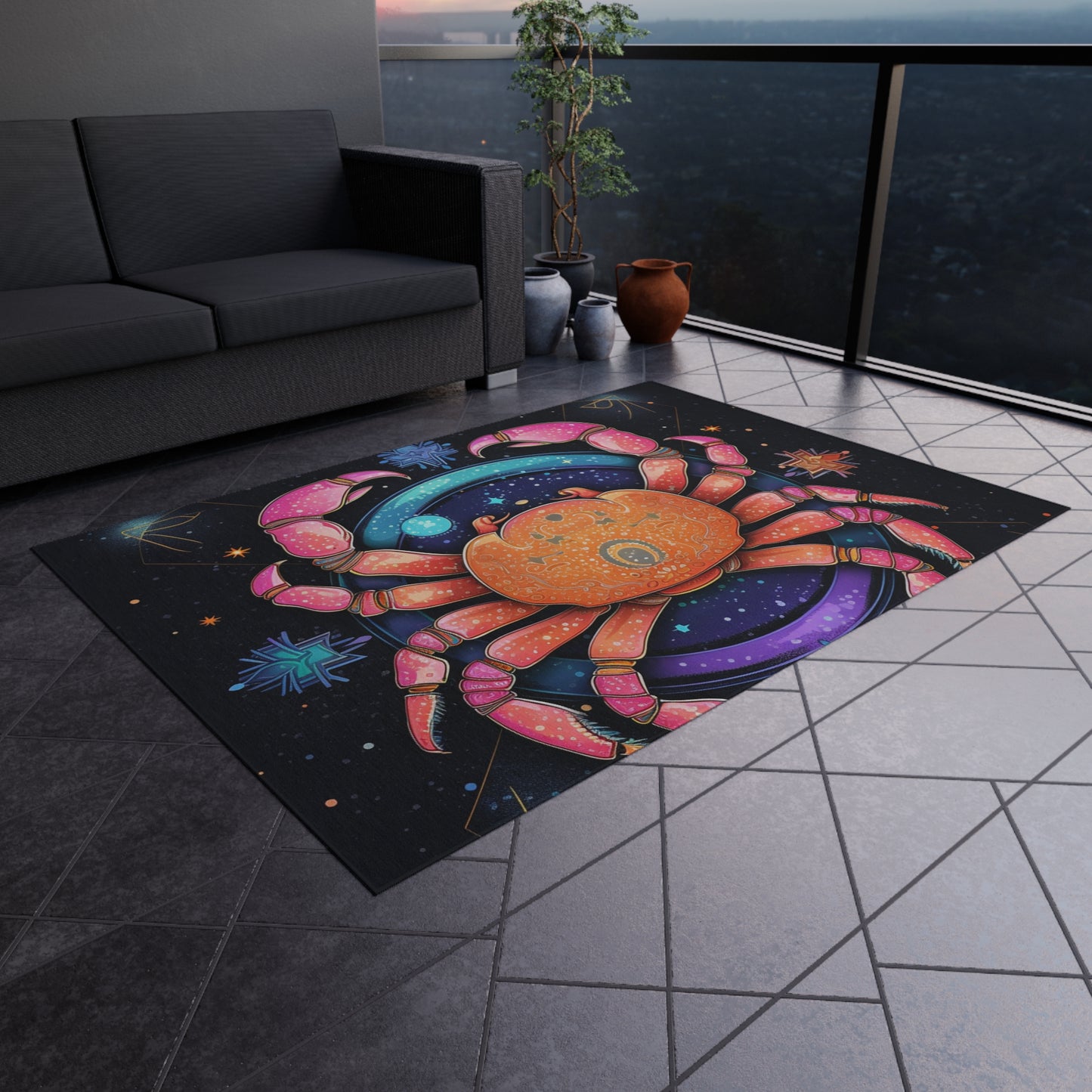 Rainbow Celestial Crab - Vibrant Cancer Zodiac Sign Art - Outdoor Rug