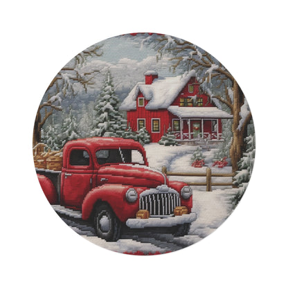 Red Truck Christmas Embroidery: Needlepoint Festive Winter Scene Threadwork - Round Rug