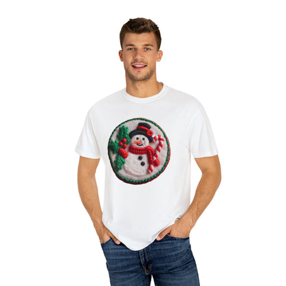 Festive Snowman Embroidered Patch: Christmas Chenille Holly & Candy Cane - Unisex Garment-Dyed T-shirt