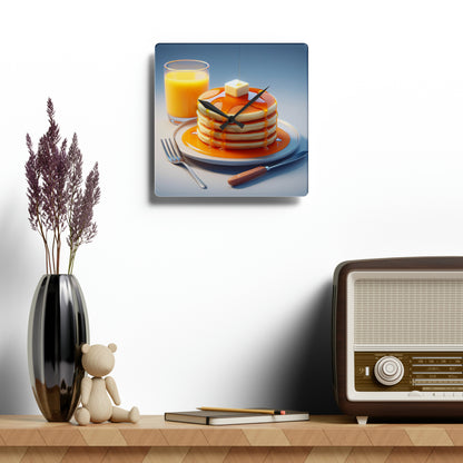 Breakfast  Acrylic Wall Clock - Fluffy Pancakes Stacked Plate, Golden Maple Syrup, Melting Butter, Glass of Orange Juice