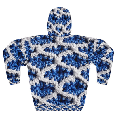 Blueberry Blue Crochet, White Accents, Classic Textured Pattern - Unisex Pullover Hoodie (AOP)