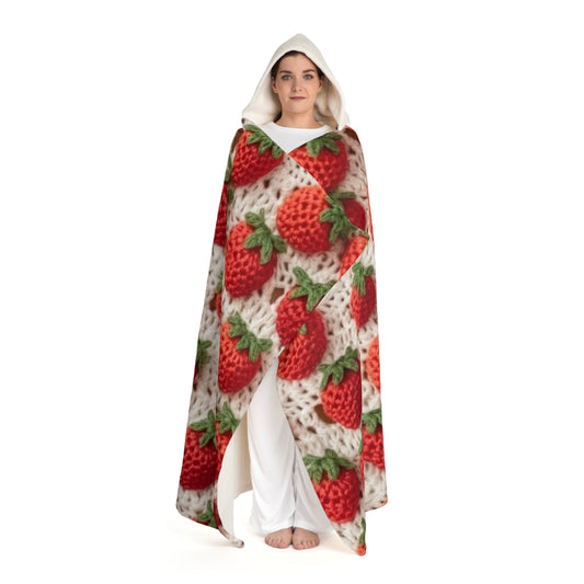 Strawberry Traditional Japanese, Crochet Craft, Fruit Design, Red Berry Pattern - Hooded Sherpa Fleece Blanket