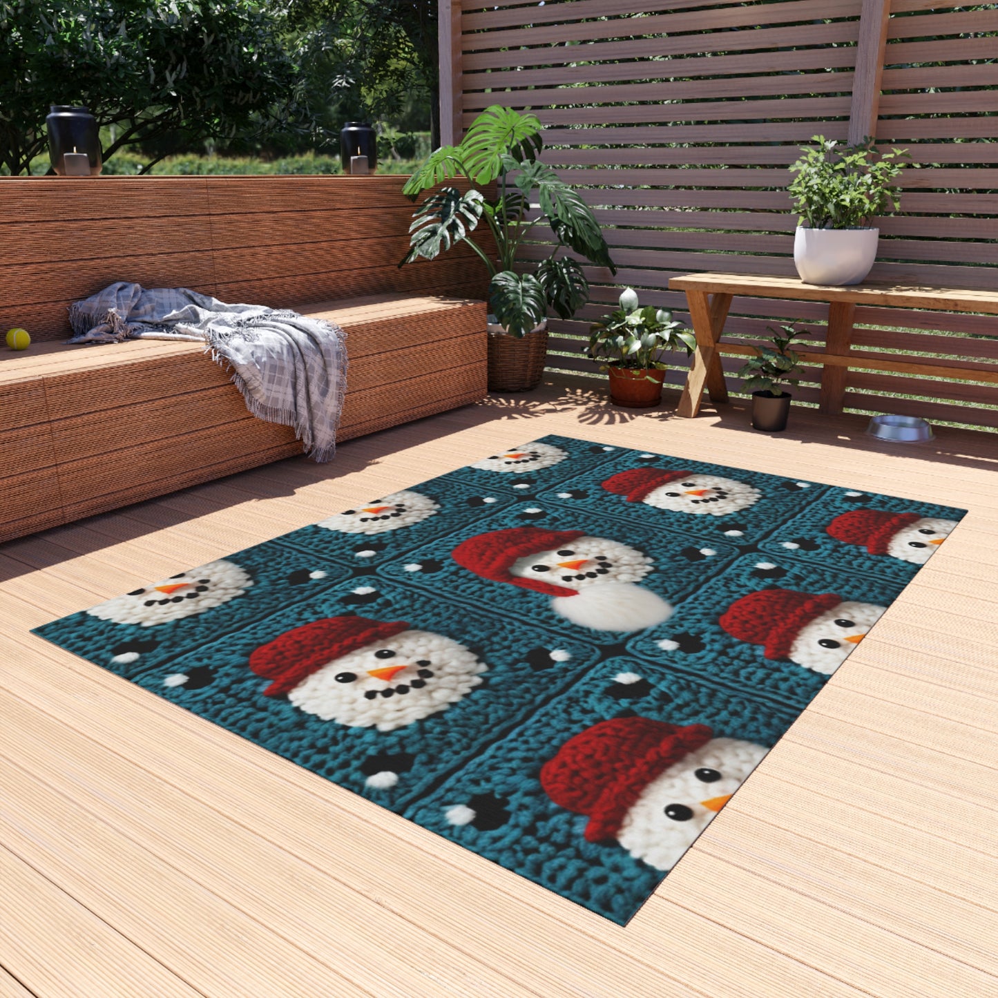 Snowman Crochet Craft, Festive Yuletide Cheer, Winter Wonderland - Outdoor Rug